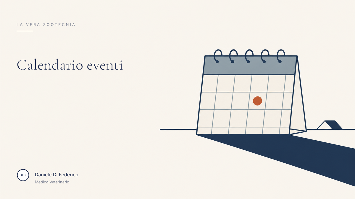 Copertina del calendario eventi zootecnici 2026–2027 di Daniele Di Federico, Medico Veterinario. Copertina Calendario eventi zootecnici: illustrazione di un calendario, marchio La vera zootecnia, Daniele Di Federico Medico Veterinario