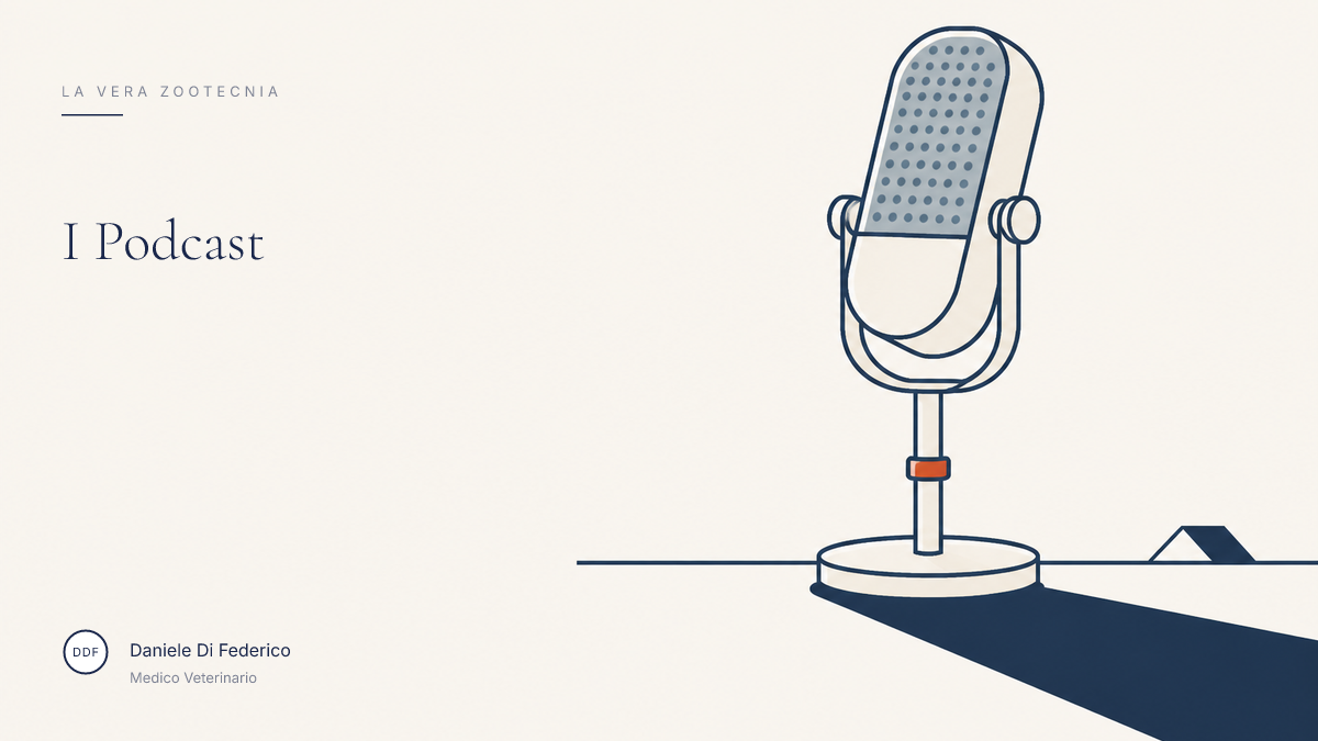 Copertina della sezione I Podcast — approfondimenti audio sulla zootecnia di Daniele Di Federico, Medico Veterinario. Copertina I Podcast: illustrazione di un microfono, marchio La vera zootecnia, Daniele Di Federico Medico Veterinario